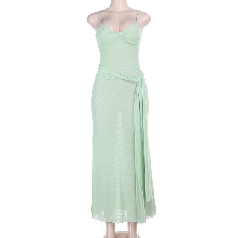 Chiffon Maxi Dress with Tie Design and Lace Trim - Mirala