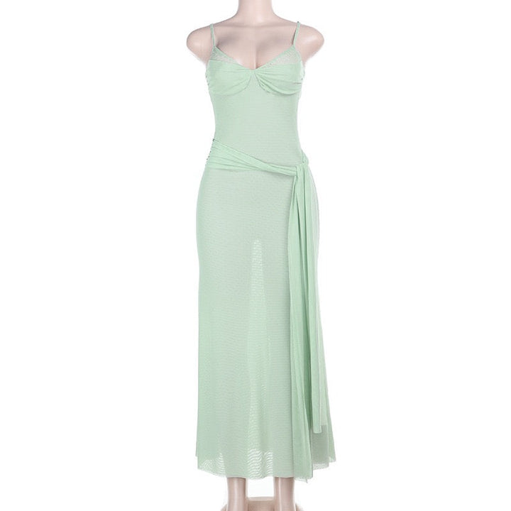 Chiffon Maxi Dress with Tie Design and Lace Trim - Mirala