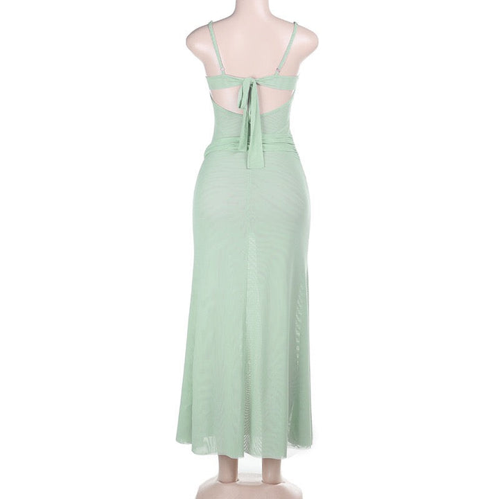 Chiffon Maxi Dress with Tie Design and Lace Trim - Mirala