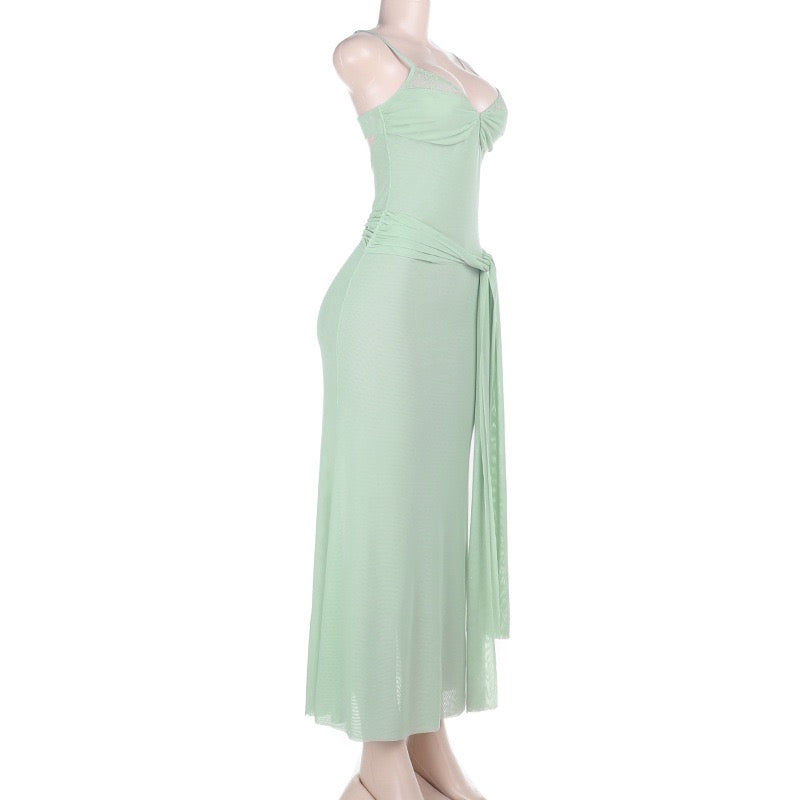 Chiffon Maxi Dress with Tie Design and Lace Trim - Mirala