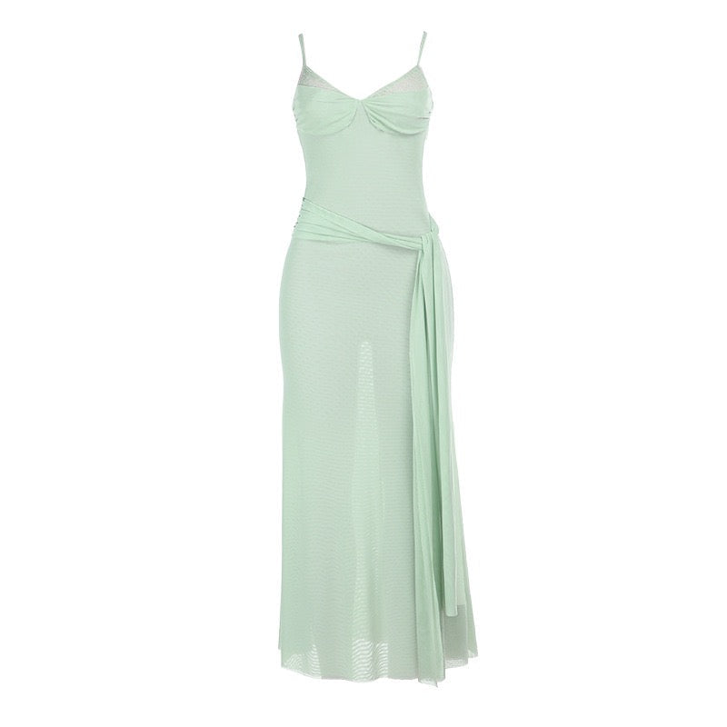Chiffon Maxi Dress with Tie Design and Lace Trim - Mirala