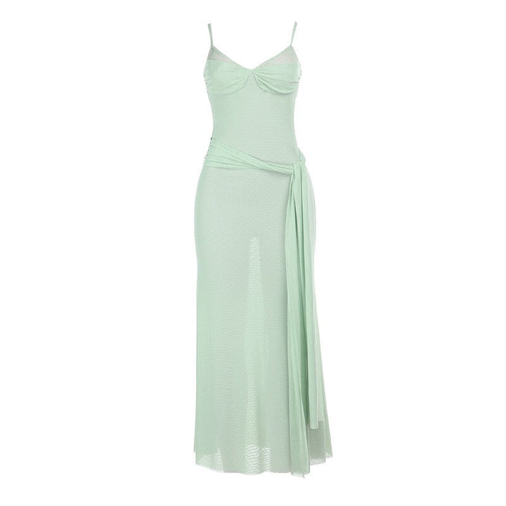 Chiffon Maxi Dress with Tie Design and Lace Trim - Mirala