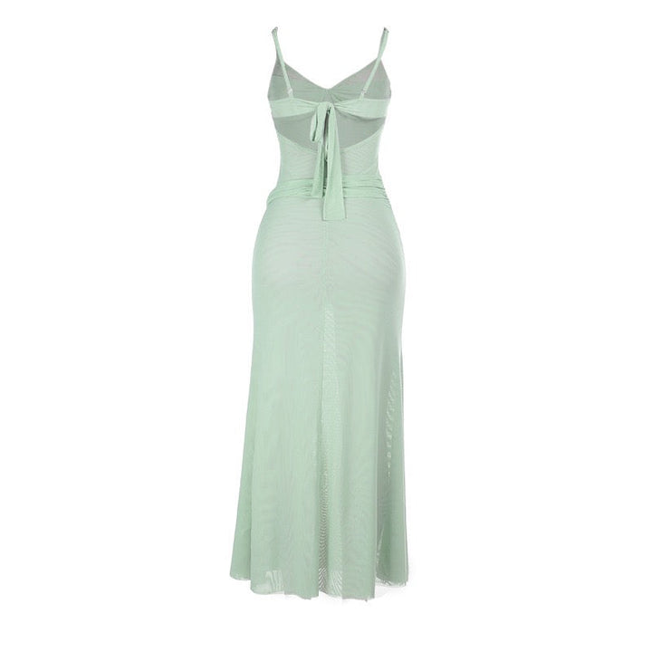 Chiffon Maxi Dress with Tie Design and Lace Trim - Mirala
