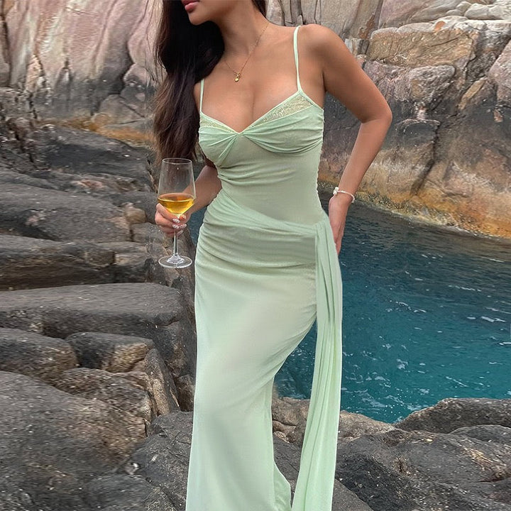 Chiffon Maxi Dress with Tie Design and Lace Trim - Mirala