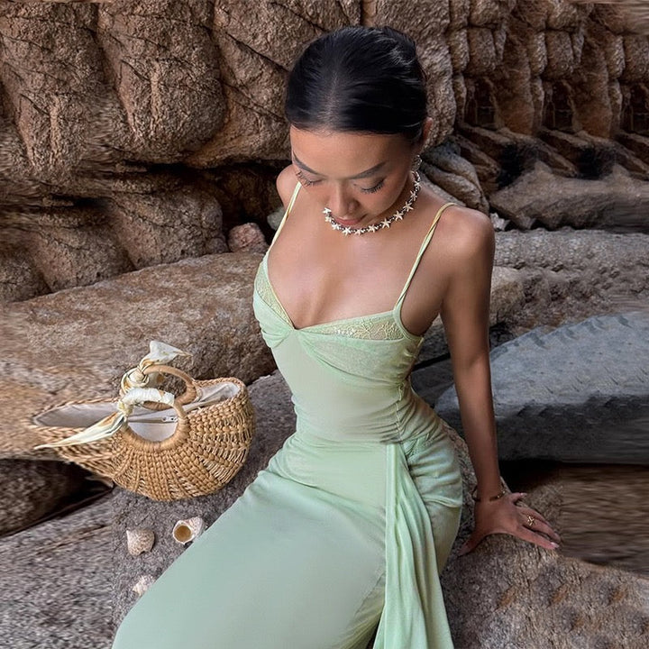 Chiffon Maxi Dress with Tie Design and Lace Trim - Mirala
