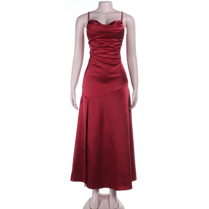 Maxi satin dress with slit in A-line cut, tie-back - Anita