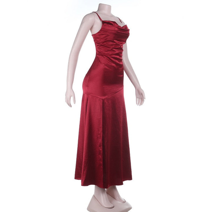 Maxi satin dress with slit in A-line cut, tie-back - Anita