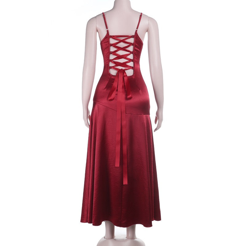 Maxi satin dress with slit in A-line cut, tie-back - Anita