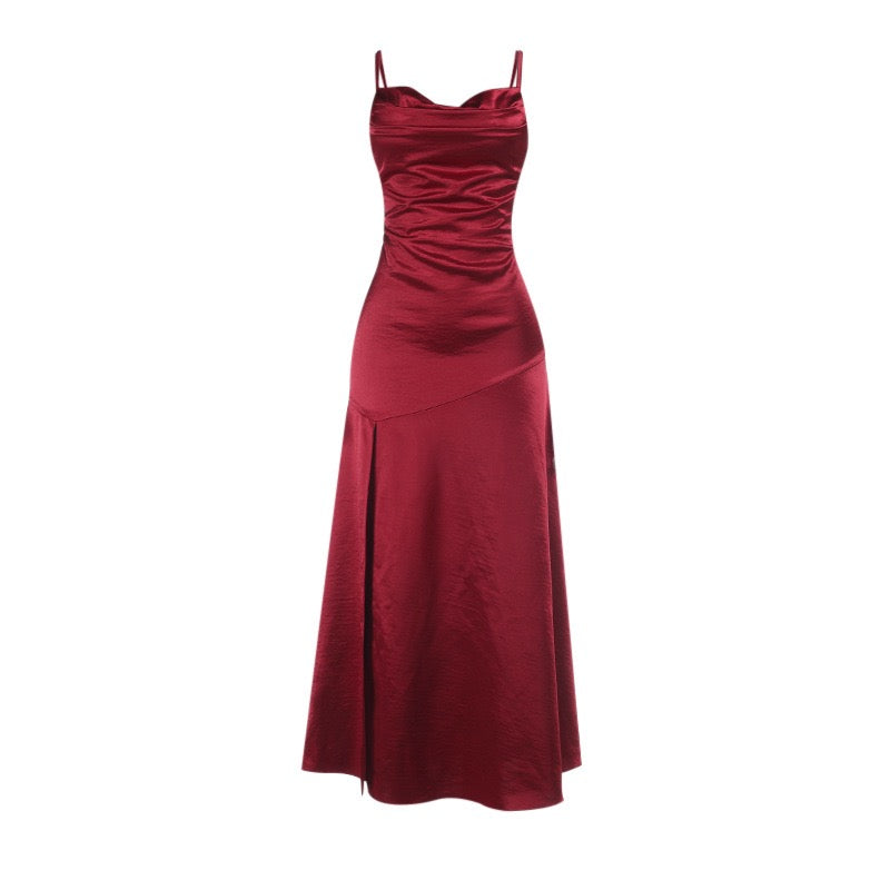 Maxi satin dress with slit in A-line cut, tie-back - Anita