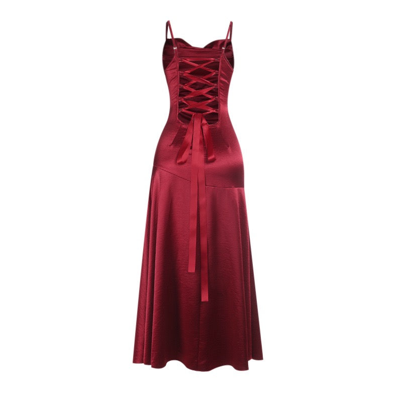 Maxi satin dress with slit in A-line cut, tie-back - Anita