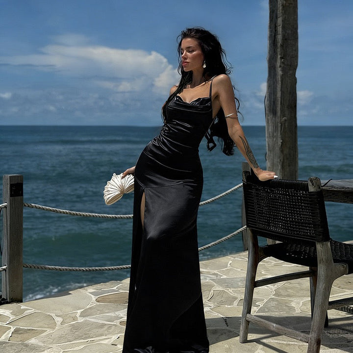 Maxi satin dress with slit in A-line cut, tie-back - Anita