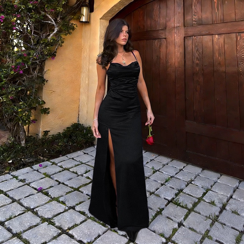 Maxi satin dress with slit in A-line cut, tie-back - Anita