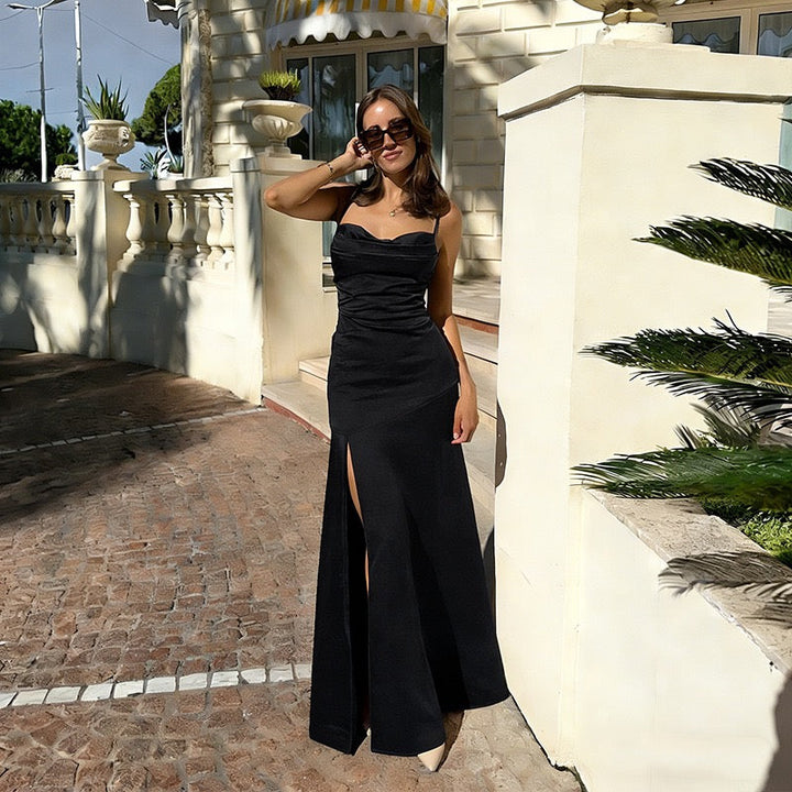 Maxi satin dress with slit in A-line cut, tie-back - Anita