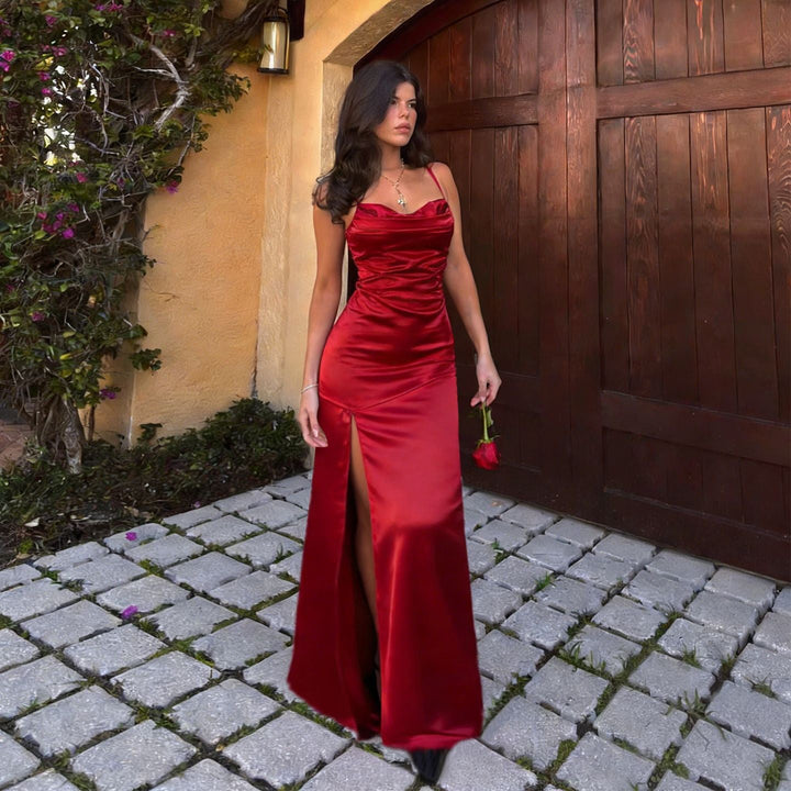 Maxi satin dress with slit in A-line cut, tie-back - Anita