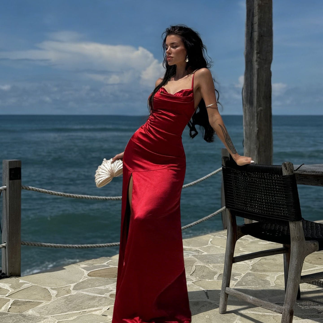 Maxi satin dress with slit in A-line cut, tie-back - Anita