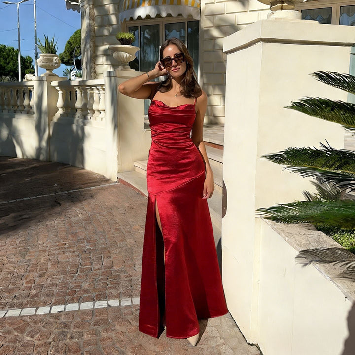 Maxi satin dress with slit in A-line cut, tie-back - Anita