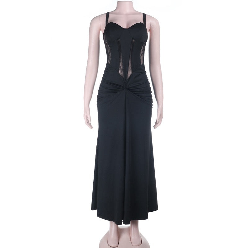 Maxi dress with lace decoration and ruching in A-line cut - LUNA