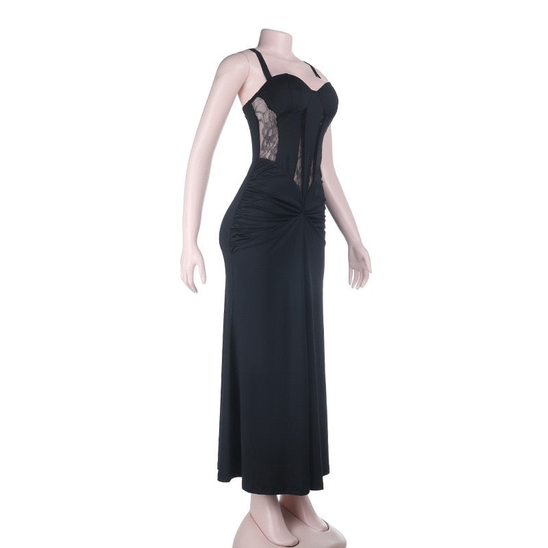 Maxi dress with lace decoration and ruching in A-line cut - LUNA