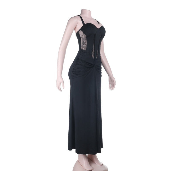 Maxi dress with lace decoration and ruching in A-line cut - LUNA