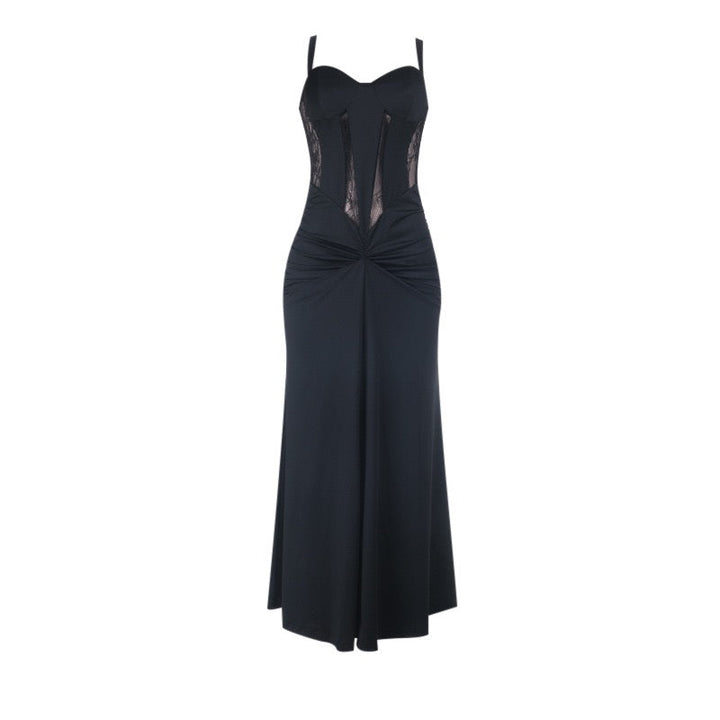 Maxi dress with lace decoration and ruching in A-line cut - LUNA