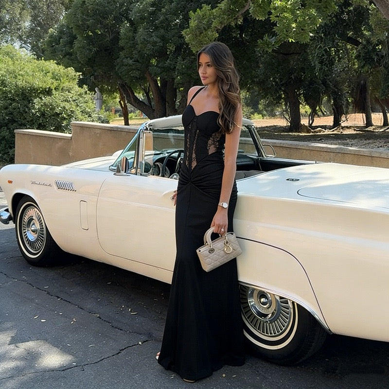 Maxi dress with lace decoration and ruching in A-line cut - LUNA