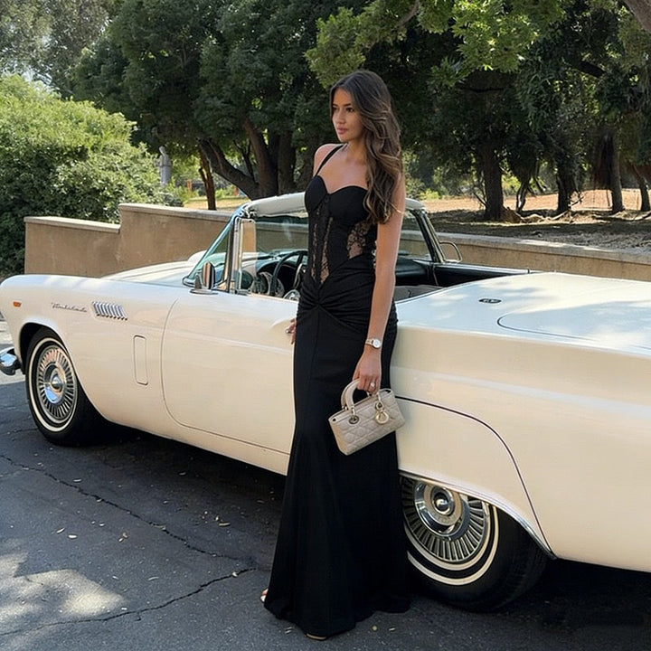 Maxi dress with lace decoration and ruching in A-line cut - LUNA