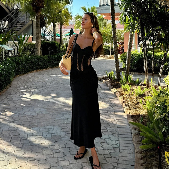 Maxi dress with lace decoration and ruching in A-line cut - LUNA