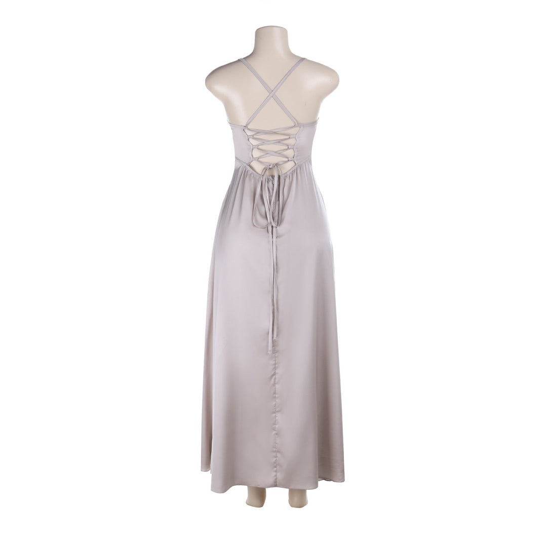 Maxi satin dress with slit detail in A-line cut, tie-back - Molina