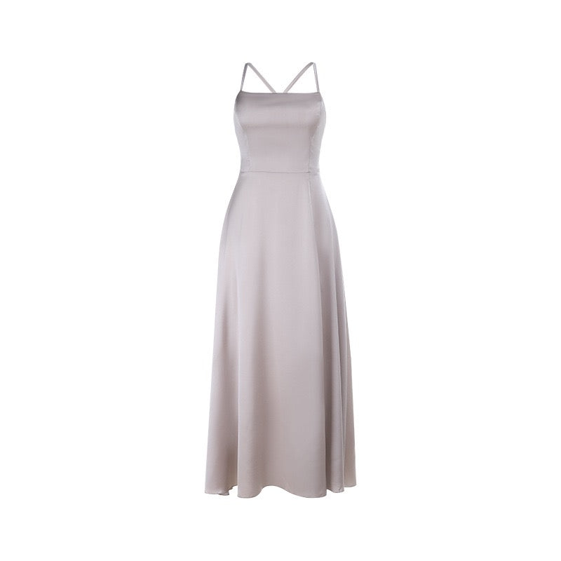 Maxi satin dress with slit detail in A-line cut, tie-back - Molina