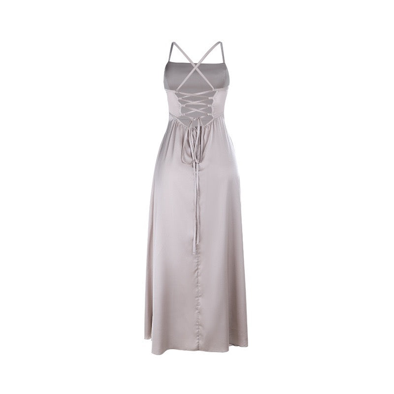 Maxi satin dress with slit detail in A-line cut, tie-back - Molina