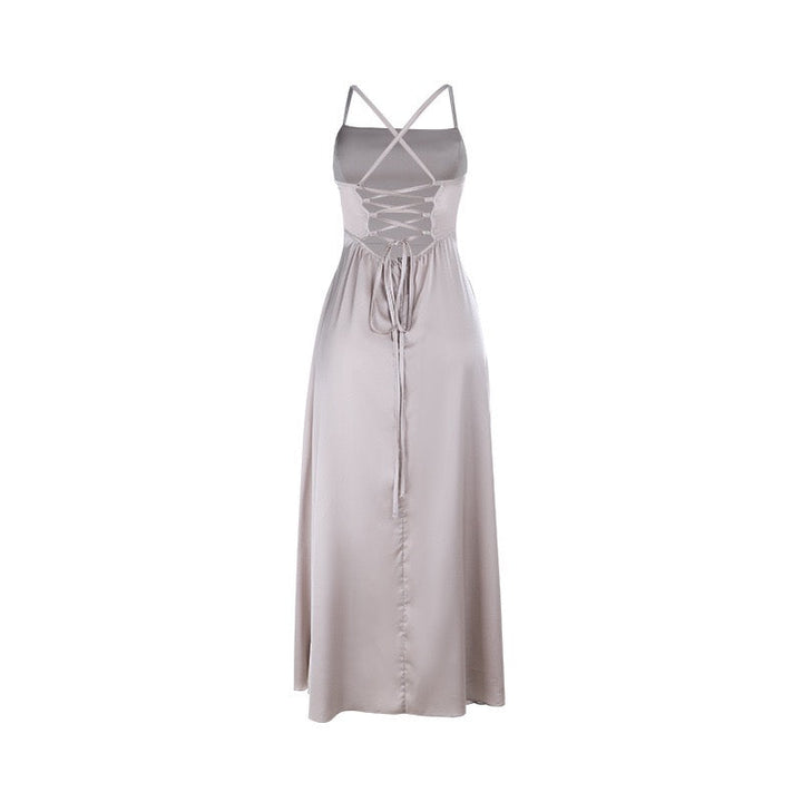 Maxi satin dress with slit detail in A-line cut, tie-back - Molina