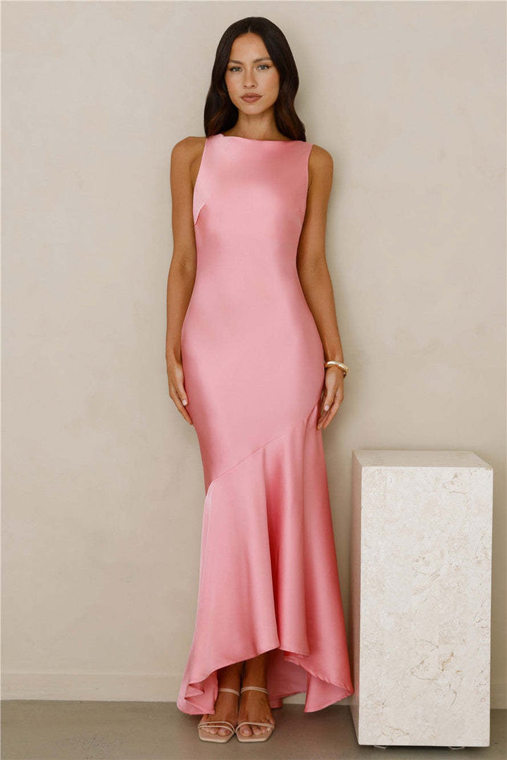 Satin maxi dress with back ties and an open back – Tohar
