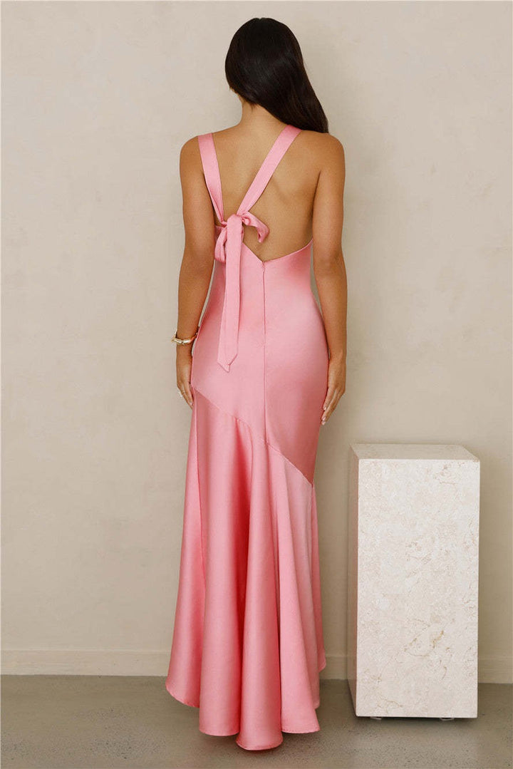 Satin maxi dress with back ties and an open back – Tohar