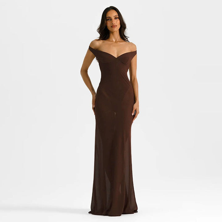 Maxi chiffon dress with off-shoulder bodysuit design - JULIEN