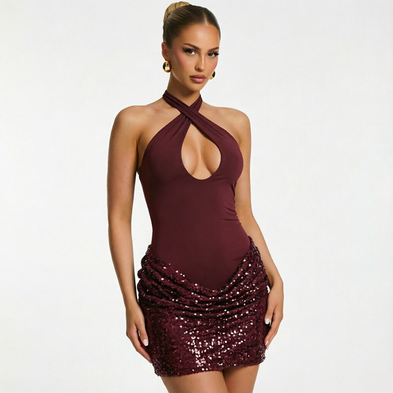 MELISSA mini dress with a neck tie, open back, and sequin-skirt design