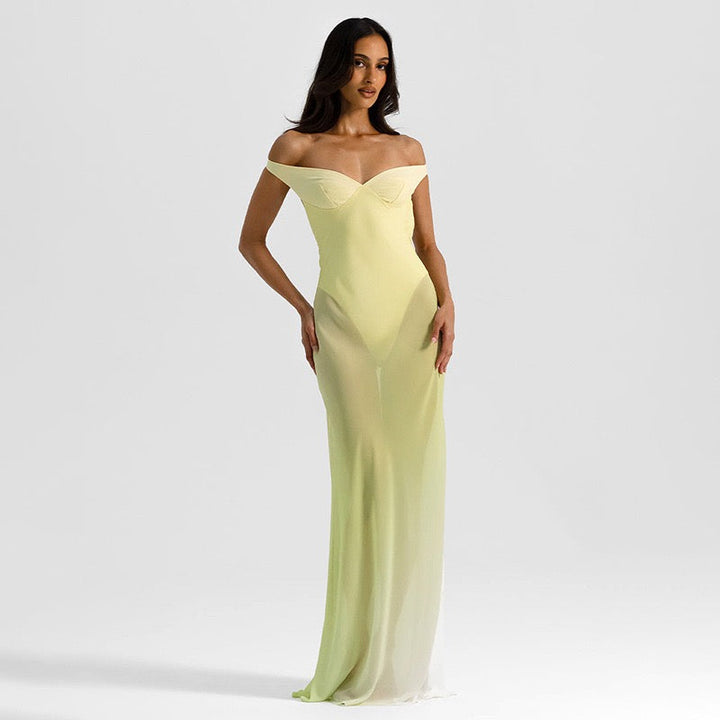 Maxi chiffon dress with off-shoulder bodysuit design - JULIEN