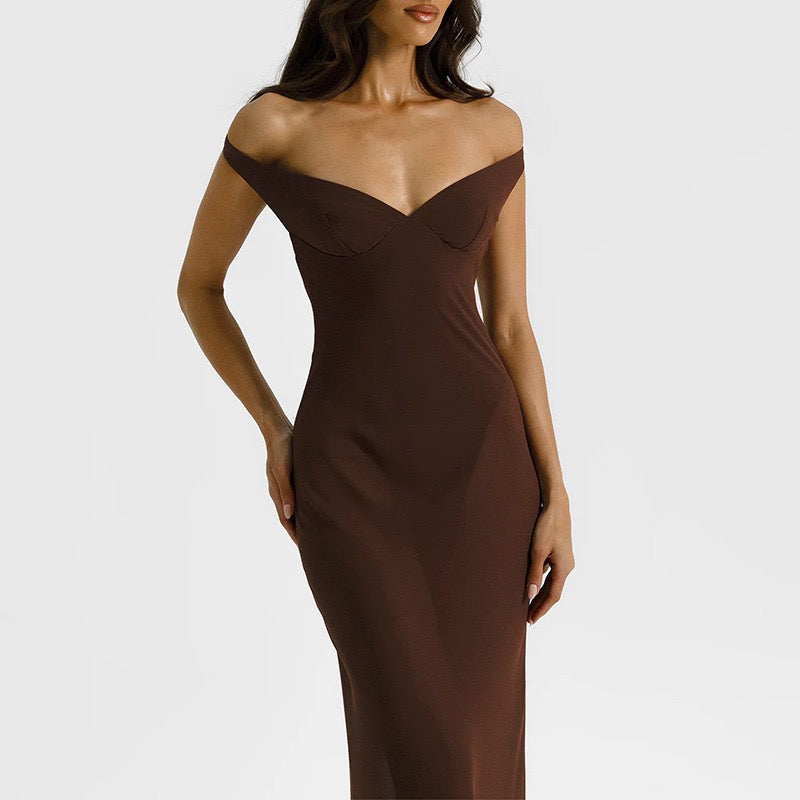 Maxi chiffon dress with off-shoulder bodysuit design - JULIEN