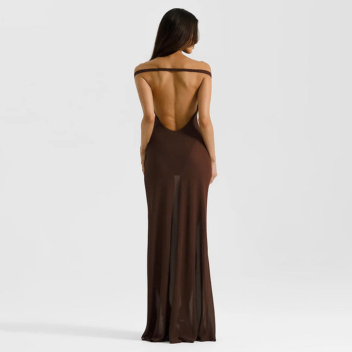 Maxi chiffon dress with off-shoulder bodysuit design - JULIEN