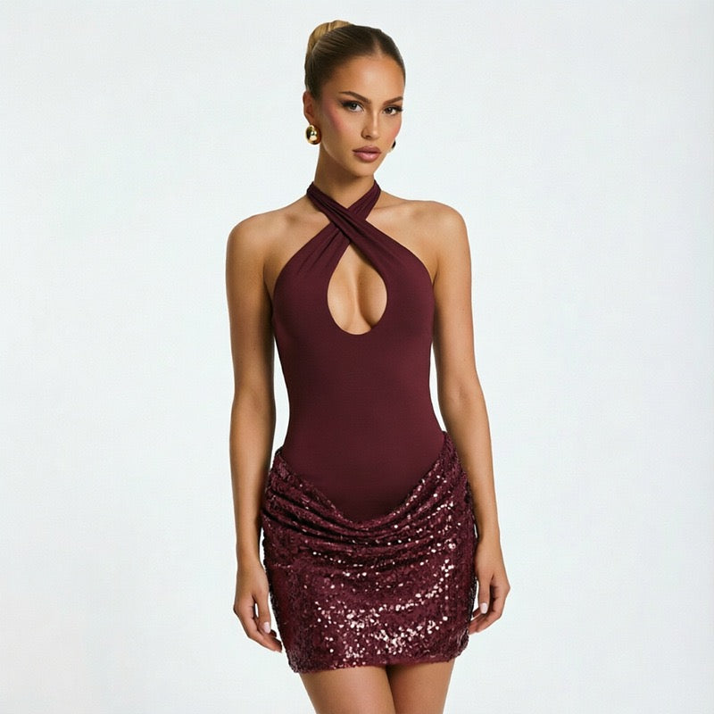 MELISSA mini dress with a neck tie, open back, and sequin-skirt design