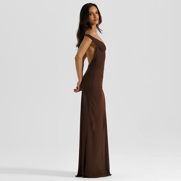 Maxi chiffon dress with off-shoulder bodysuit design - JULIEN