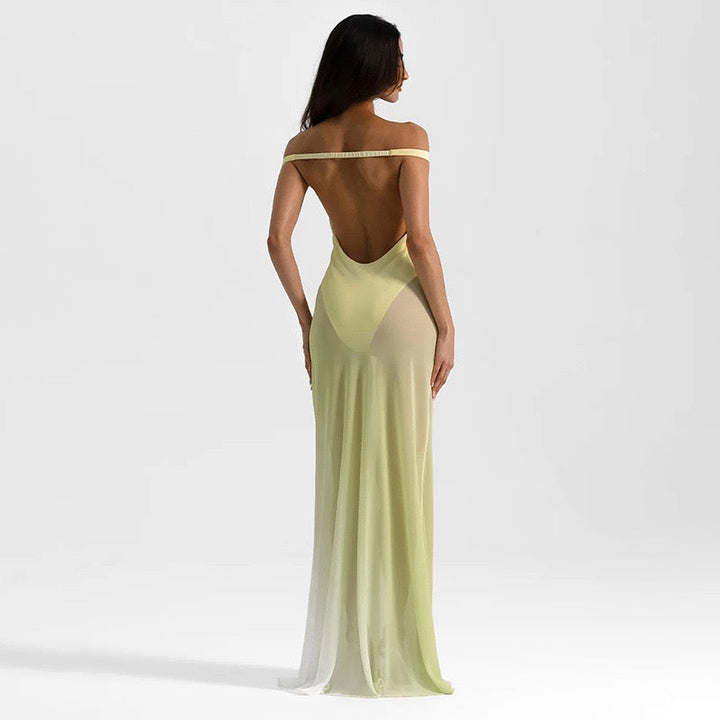 Maxi chiffon dress with off-shoulder bodysuit design - JULIEN
