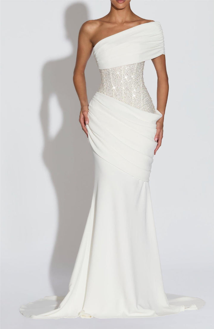 One-shoulder maxi dress with pleats and sequins, ties at the back for fastening at the waist - Sydney