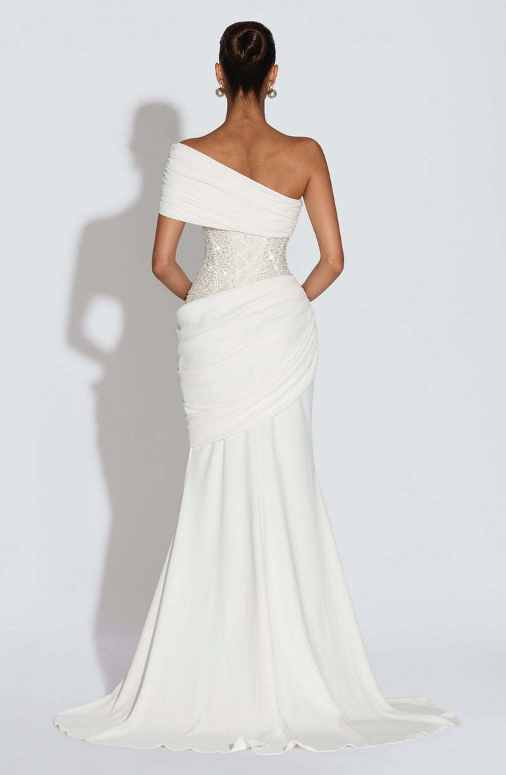 One-shoulder maxi dress with pleats and sequins, ties at the back for fastening at the waist - Sydney