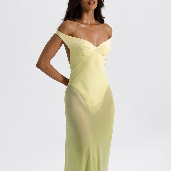 Maxi chiffon dress with off-shoulder bodysuit design - JULIEN