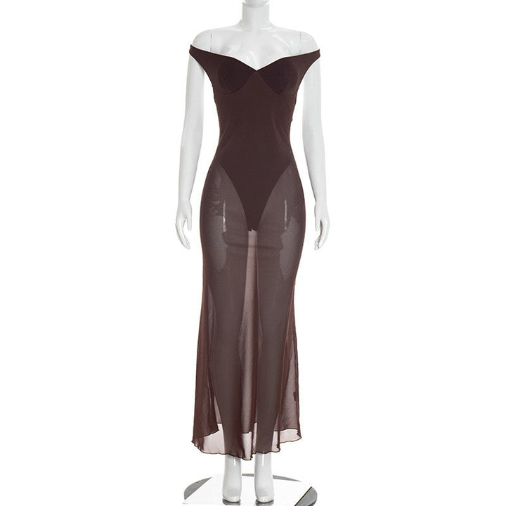 Maxi chiffon dress with off-shoulder bodysuit design - JULIEN