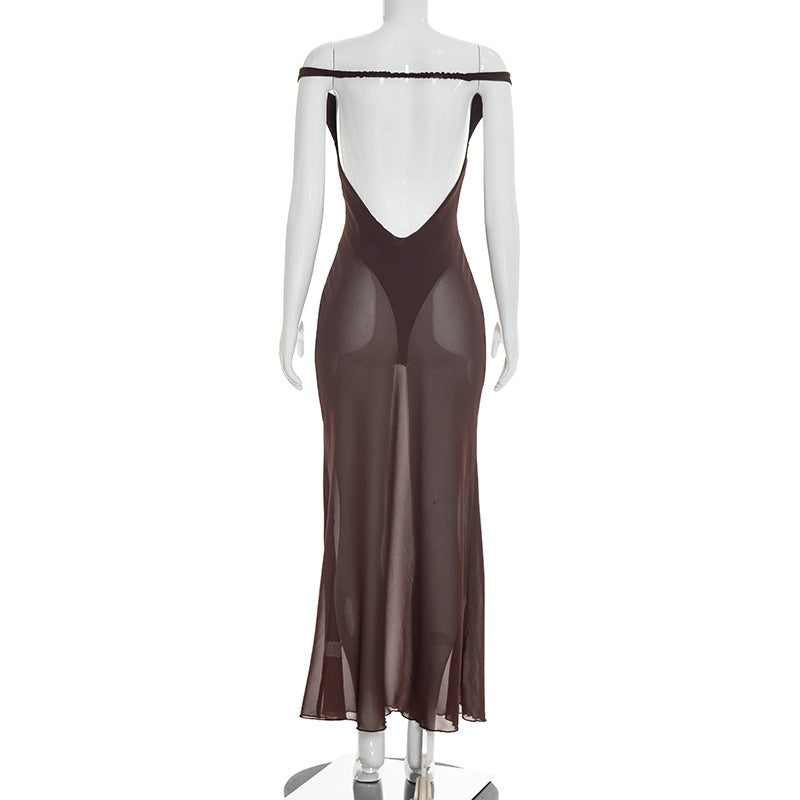 Maxi chiffon dress with off-shoulder bodysuit design - JULIEN