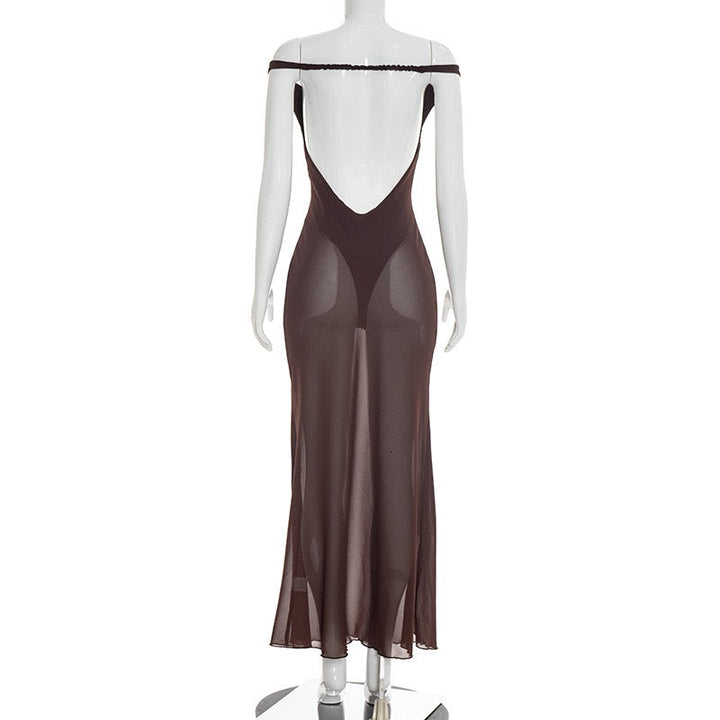 Maxi chiffon dress with off-shoulder bodysuit design - JULIEN