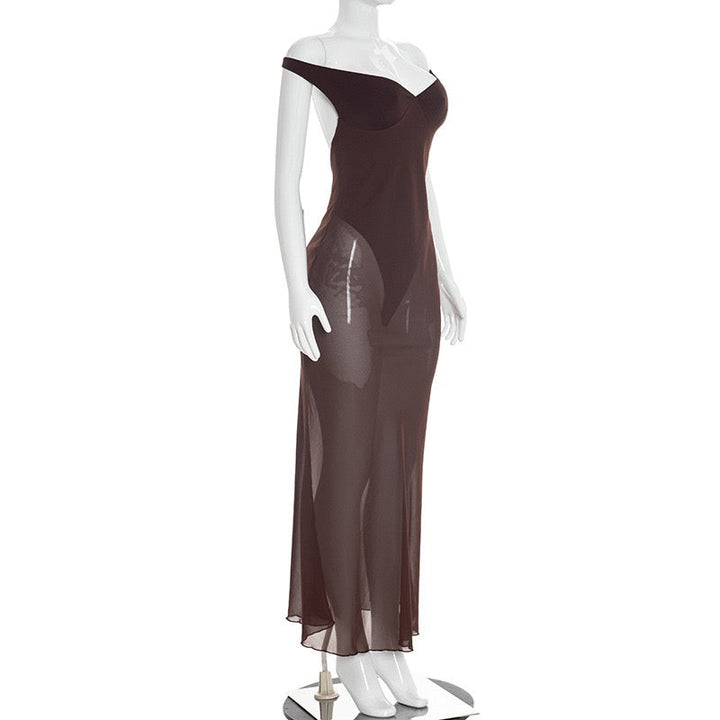 Maxi chiffon dress with off-shoulder bodysuit design - JULIEN