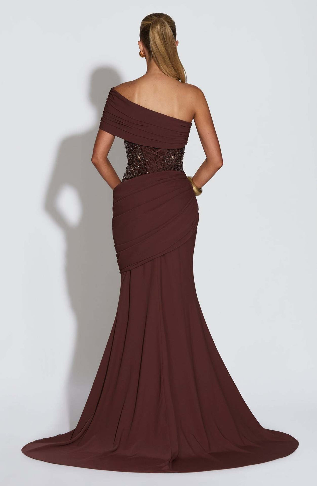 One-shoulder maxi dress with pleats and sequins, ties at the back for fastening at the waist - Sydney