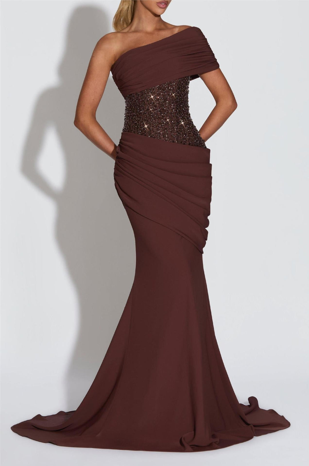 One-shoulder maxi dress with pleats and sequins, ties at the back for fastening at the waist - Sydney